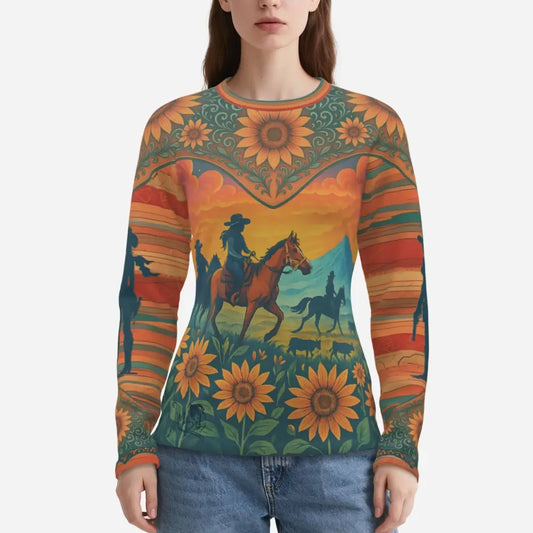 Long-sleeved women’s UPF cooling shirt with vibrant cowboy and sunflower print