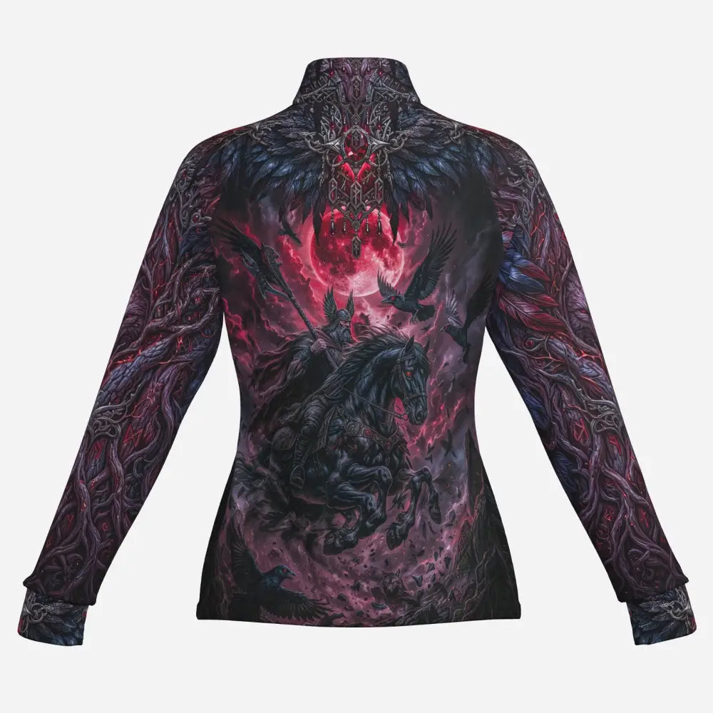 All-over print women’s upf50+ long sleeve shirt in black and crimson featuring a dark knight graphic under a red moon