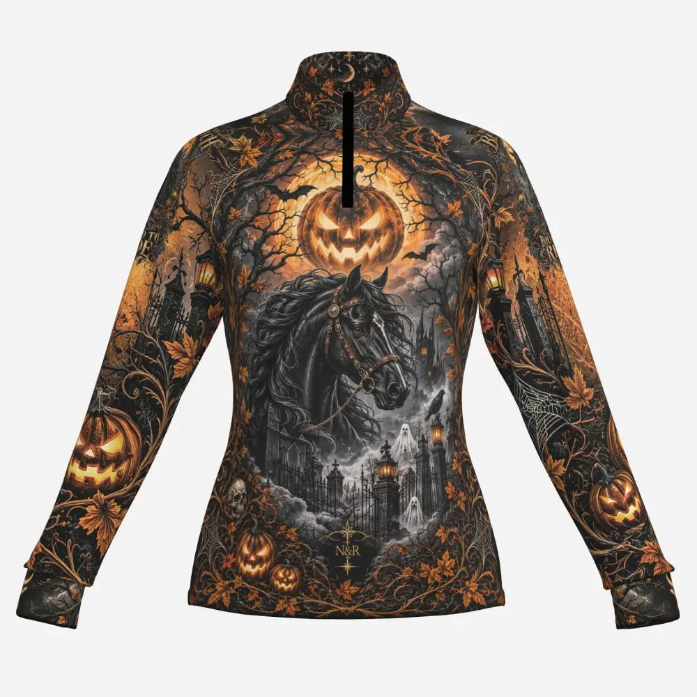All-over print women’s upf50+ long sleeve zip-up shirt with black horse, glowing jack-o-lanterns, and gothic design