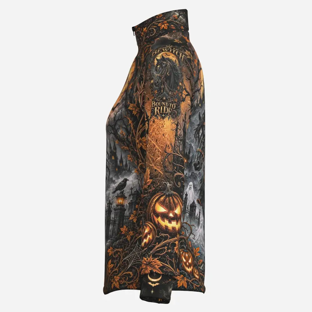 All-over print women’s upf50+ long sleeve zip-up jacket with black orange gray halloween designs and quick dry fabric