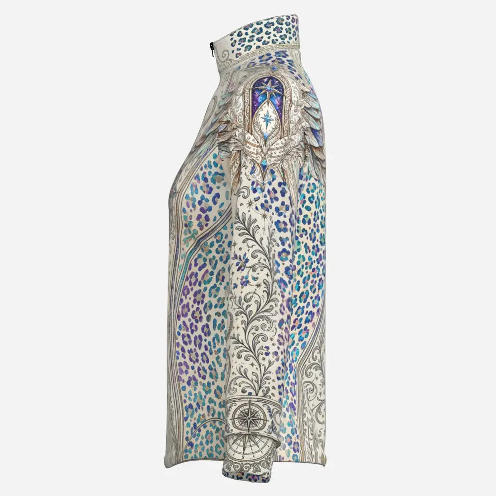 A high-waisted long skirt with flowing fabric featuring leopard print accents and ornate celestial motifs