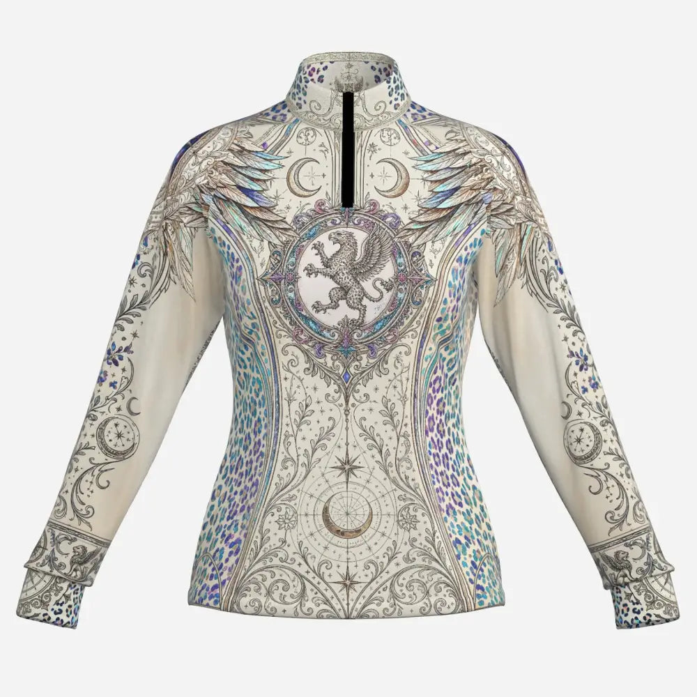 Cream-colored women’s upf50+ long sleeve zip-up jacket with griffin emblem wings celestial motifs and leopard print accents