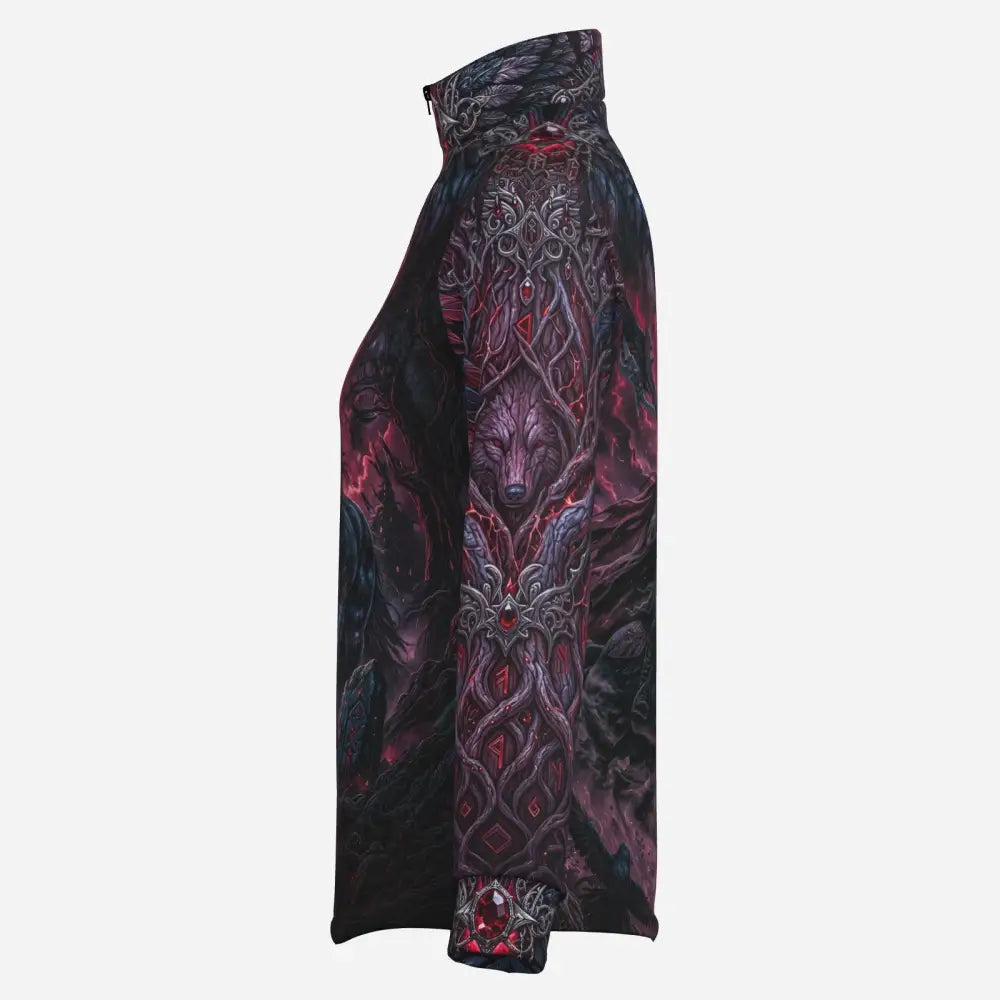 A dark all-over print women’s upf50+ long sleeve shirt with a wolf motif red accents and quick dry soft fabric