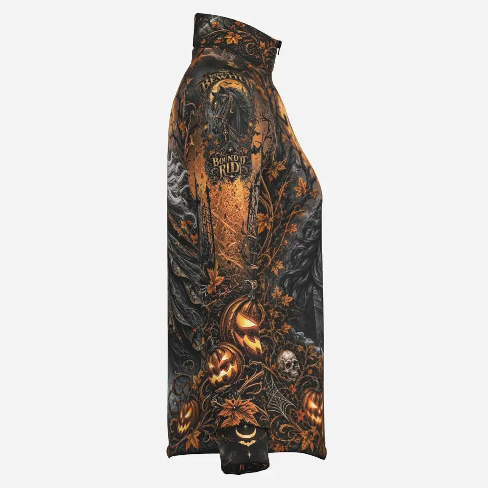 Black and orange halloween-themed zip-up jacket with pumpkins skulls vines and bound 2 ride logo front view