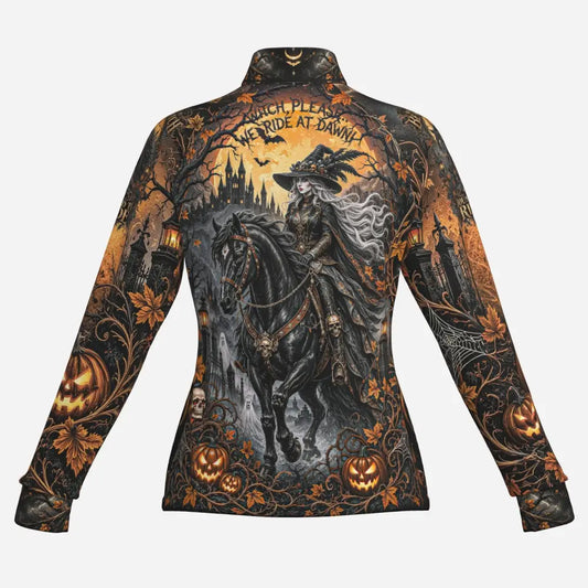 Black long-sleeved high-neck womens shirt with halloween witch graphic and upf50+ soft quick dry fabric