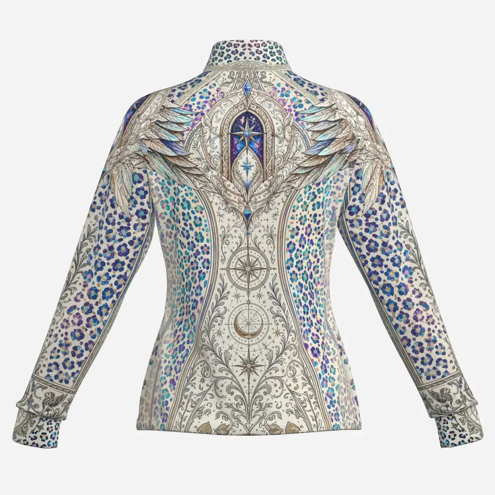 Back view of a women’s all-over print long sleeve blouse with wings celestial arch and compass on blue leopard print