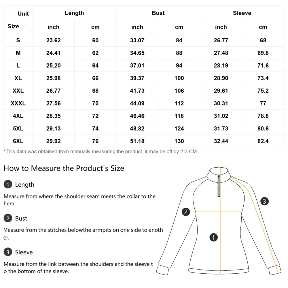 Size chart for all-over print women’s upf50+ fit long sleeve soft quick dry zip-up top in sizes s to 6xl