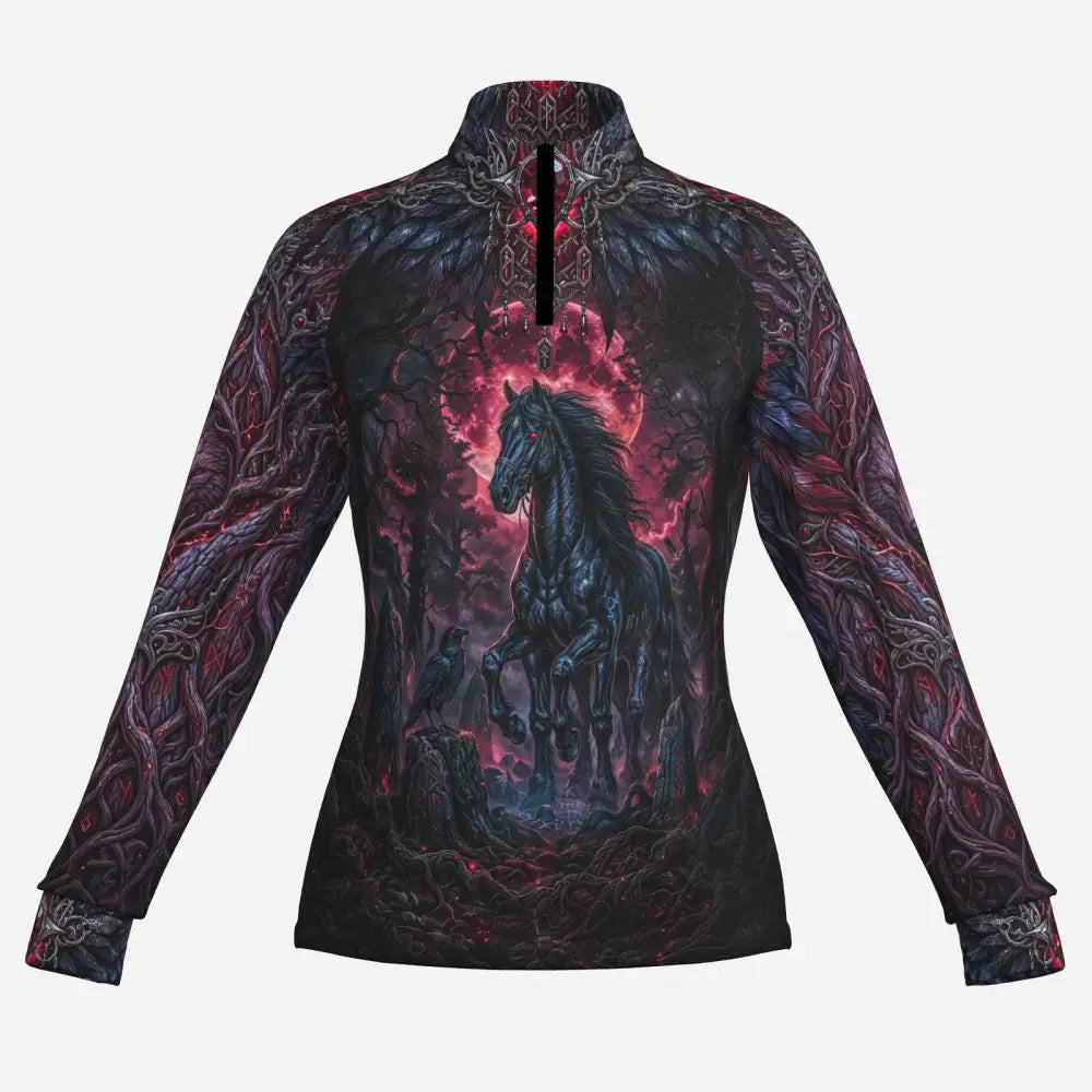 Black long-sleeved zip-up shirt with dark horse graphic on crimson moonlit forest backdrop soft quick dry upf50+