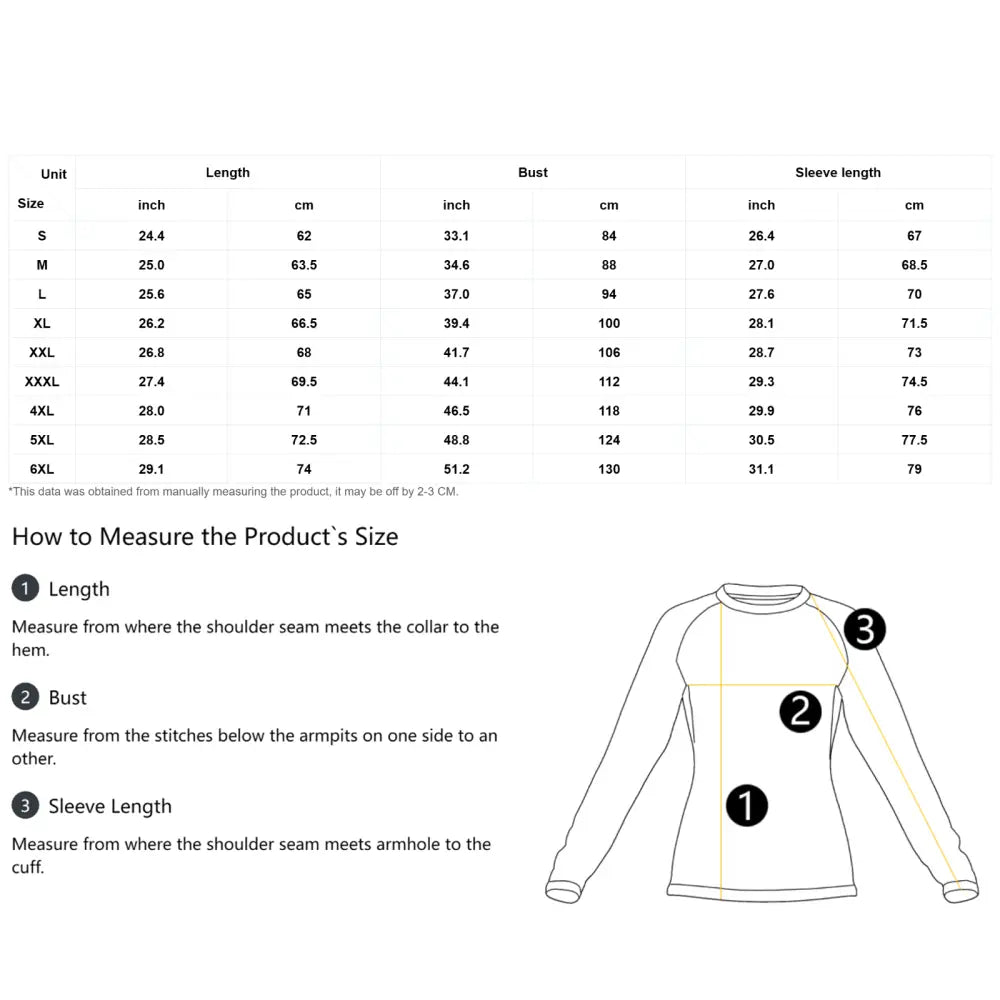 Clothing size chart with measurement guide for Arcane Aegis Fantasy Pegasus Sun Shirt UPF50+
