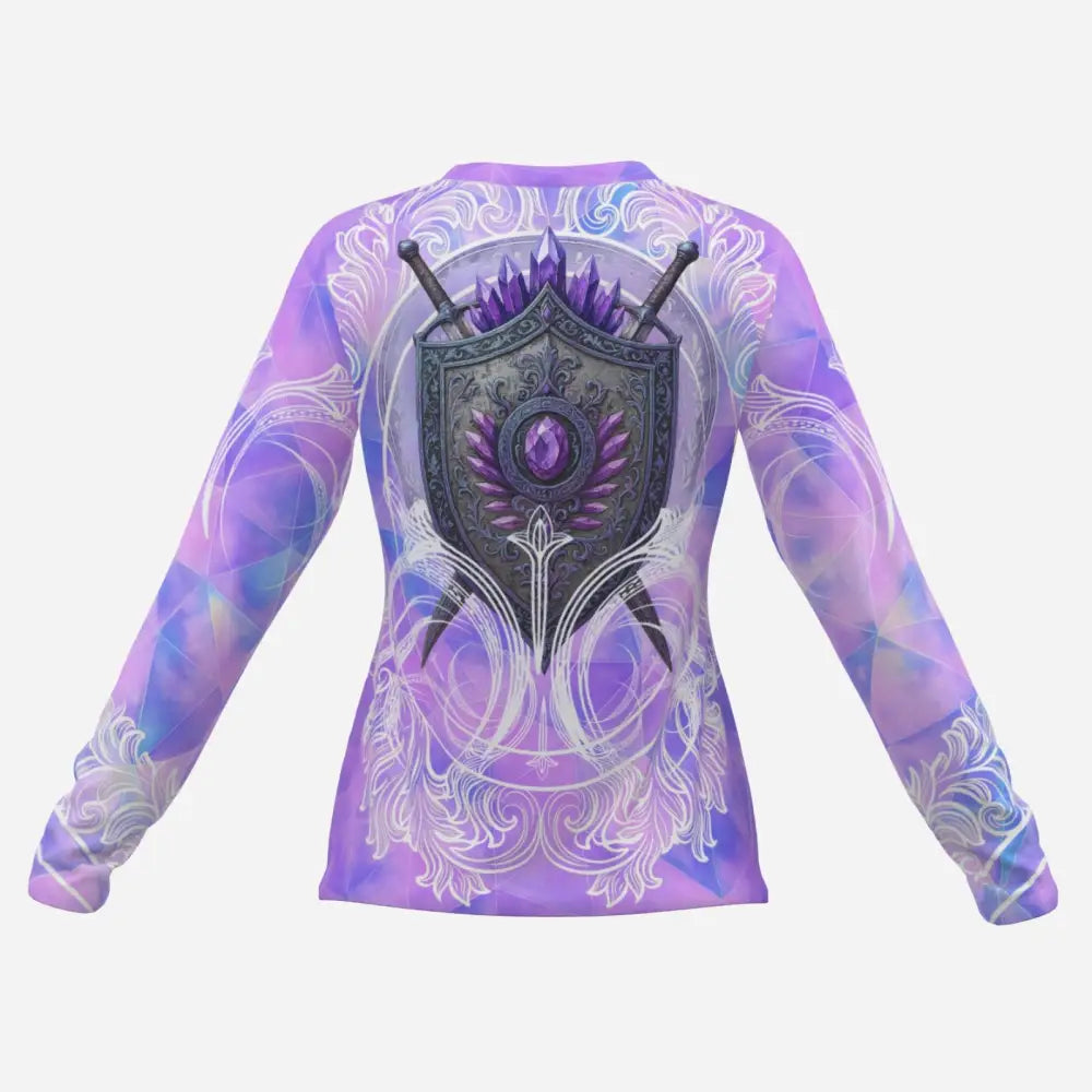 Long-sleeved purple Arcane Aegis Sun Shirt with shield and sword design UPF50+