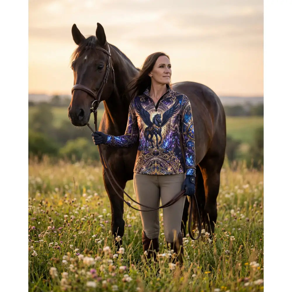 A woman wearing a vibrant long-sleeved astral ascension performance equestrian sun shirt with a blue phoenix design