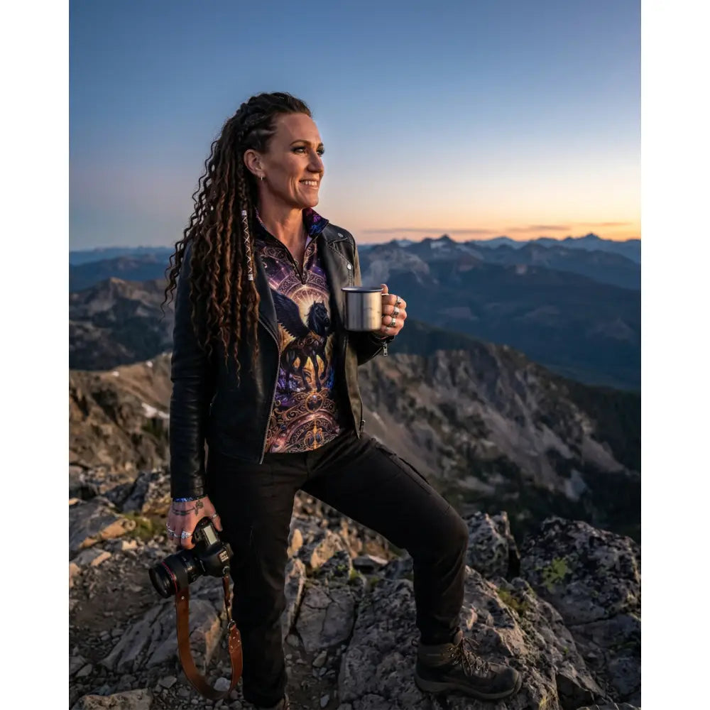A metallic silver mug with a simple cylindrical design and handle featured with astral ascension equestrian sun shirt