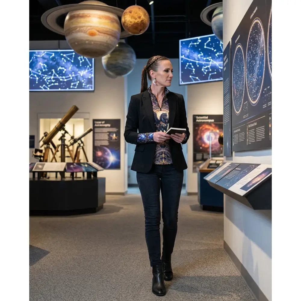 A woman wearing an astral ascension performance equestrian sun shirt with cosmic winged horse print holds a tablet