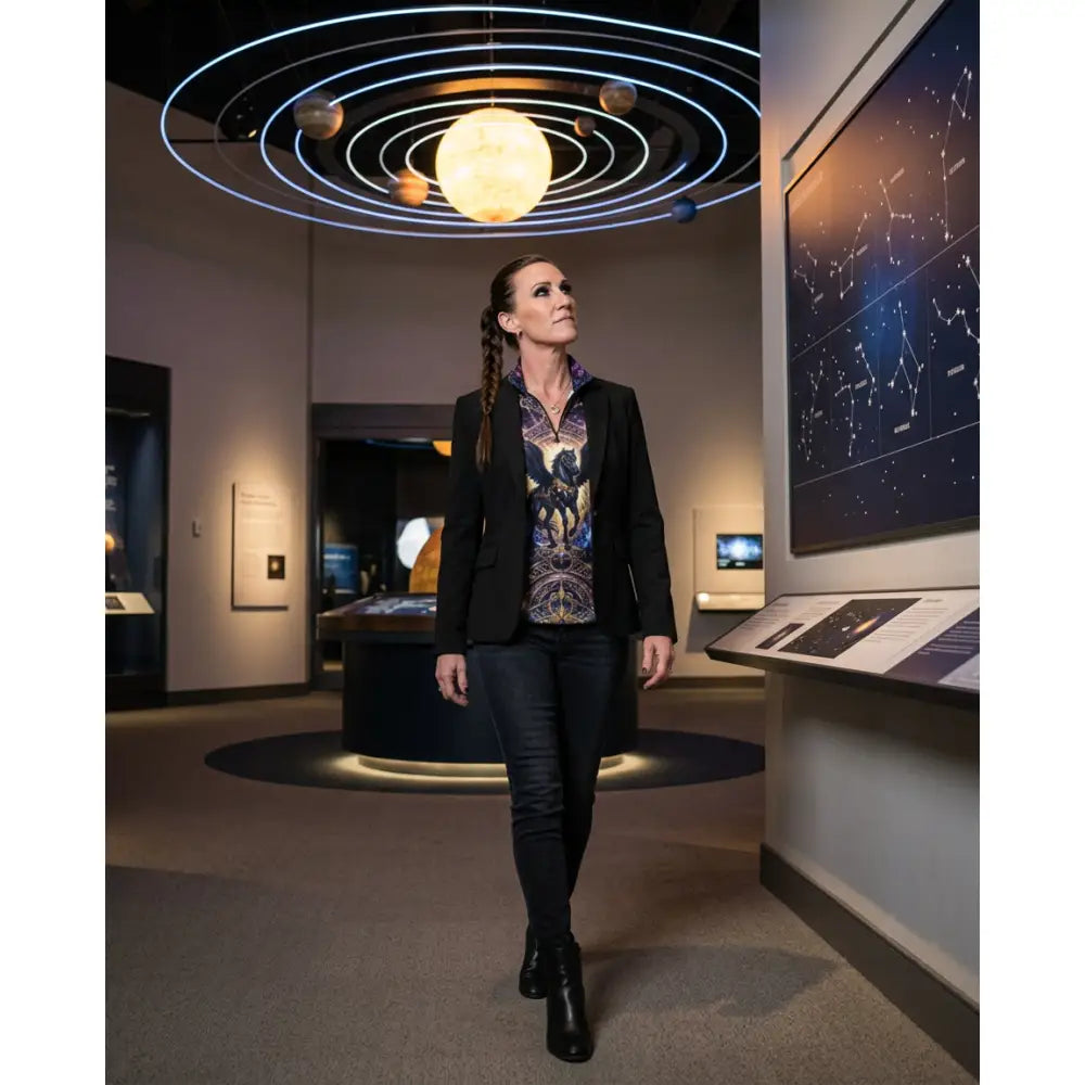 Woman wearing astral ascension performance equestrian sun shirt with celestial print paired with dark jeans and boots