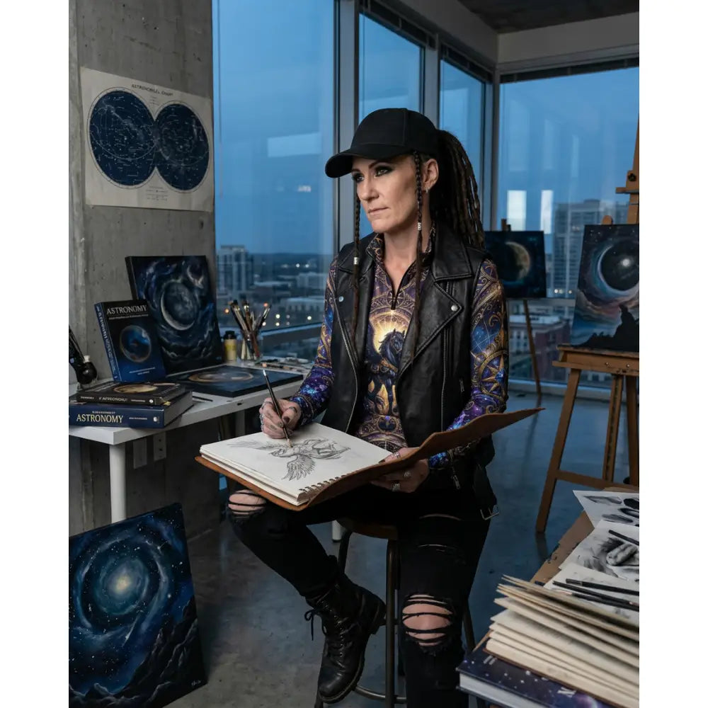 Artist wearing astral ascension performance equestrian sun shirt with cosmic winged horse print and ripped black jeans