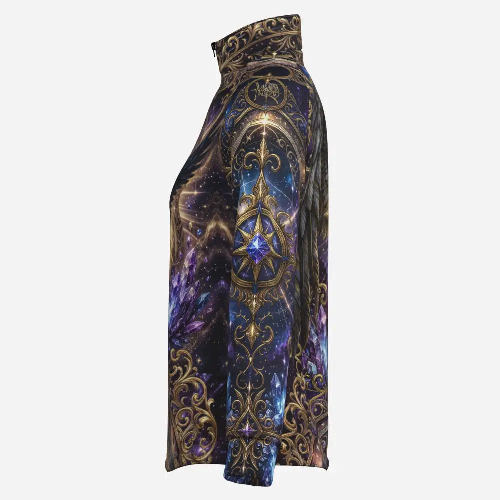 Astral ascension equestrian sun shirt with cosmic purple blue design and gold filigree for performance equestrian sun protection