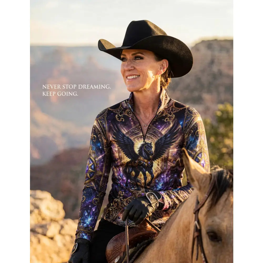 A vibrant astral ascension equestrian sun shirt with cosmic eagle and horse design in purple and gold galaxy colors