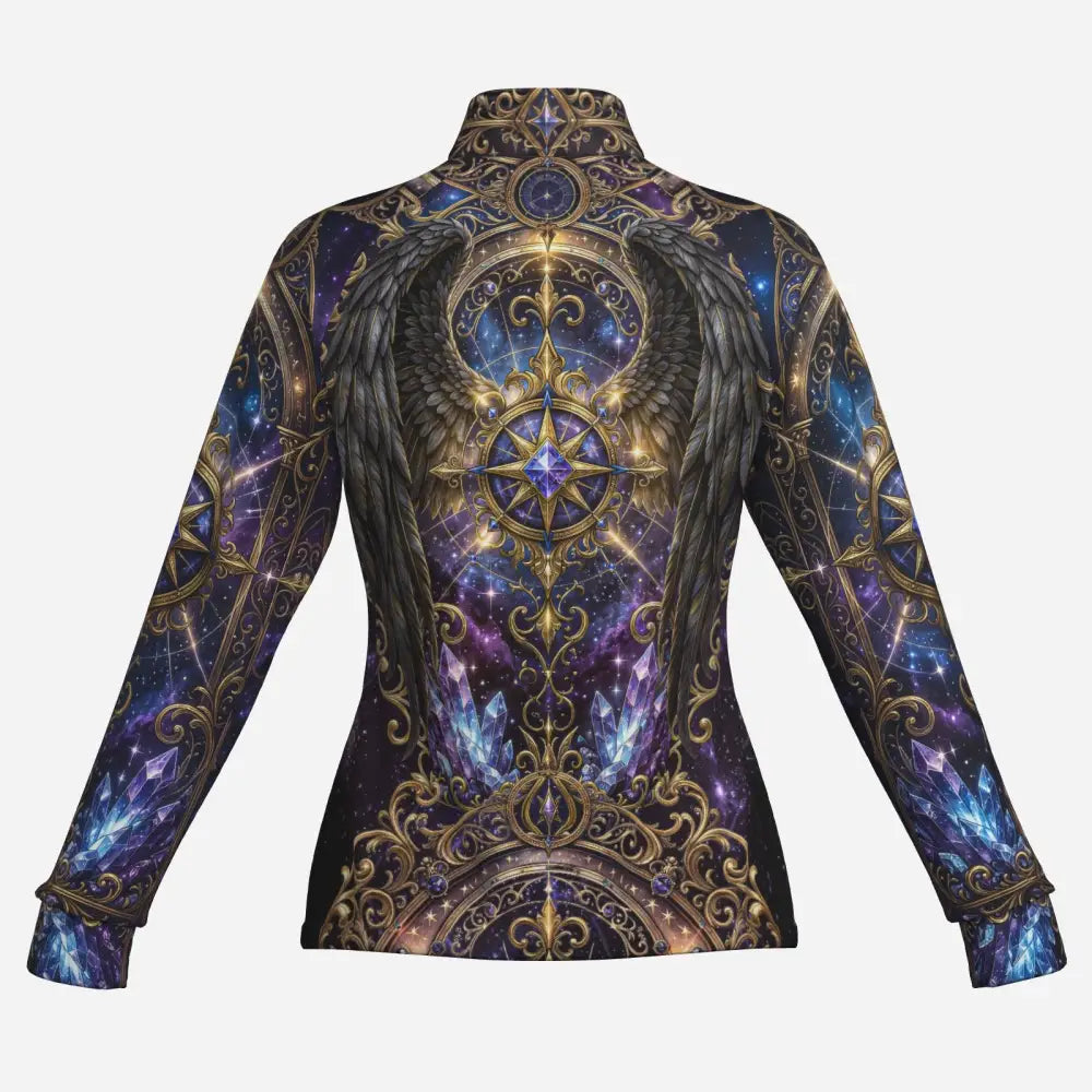 Astral ascension long-sleeved equestrian sun shirt with cosmic winged horse print and upf50+ performance fabric