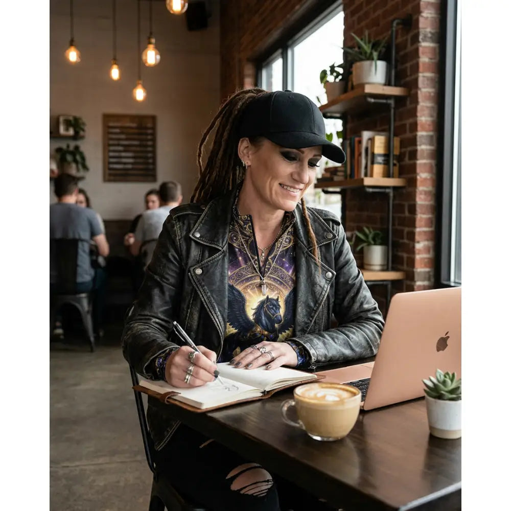 Black leather cap paired with astral ascension cosmic winged horse performance equestrian sun shirt view