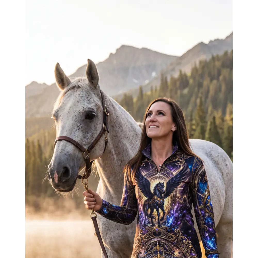 A woman wearing a long-sleeved performance equestrian sun shirt with astral ascension cosmic winged horse design