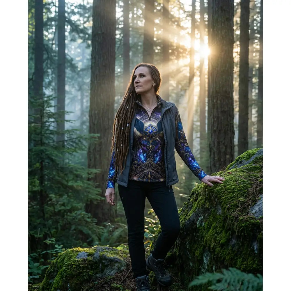 A woman wearing the astral ascension performance equestrian sun shirt with cosmic mandala design in blue purple and gold