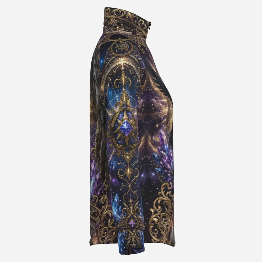 Astral ascension performance equestrian sun shirt with high neck long sleeves and cosmic gold filigree and purple crystals