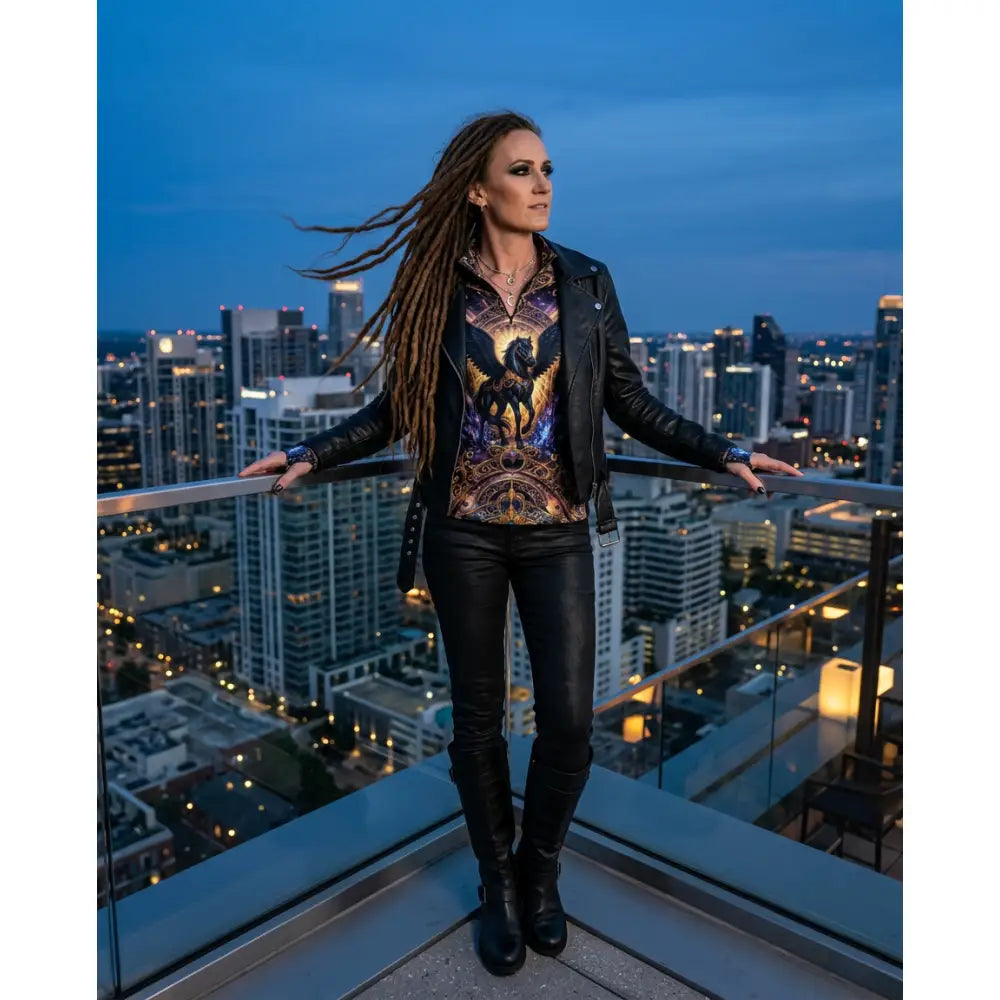 Black leather jacket with astral ascension colorful cosmic winged horse print performance equestrian sun shirt