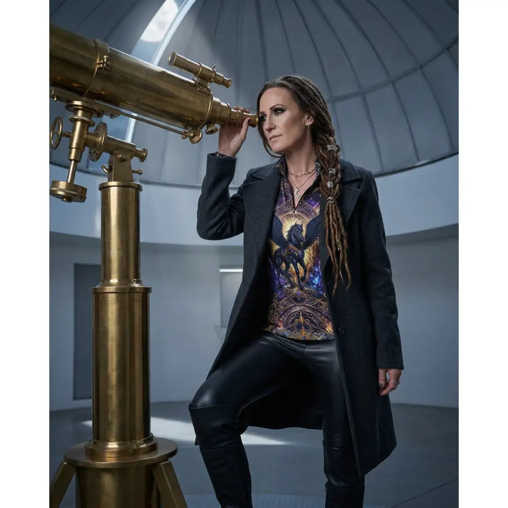 Brass telescope with ornate detailing and adjustable focus knobs featured in astral ascension equestrian sun shirt product image
