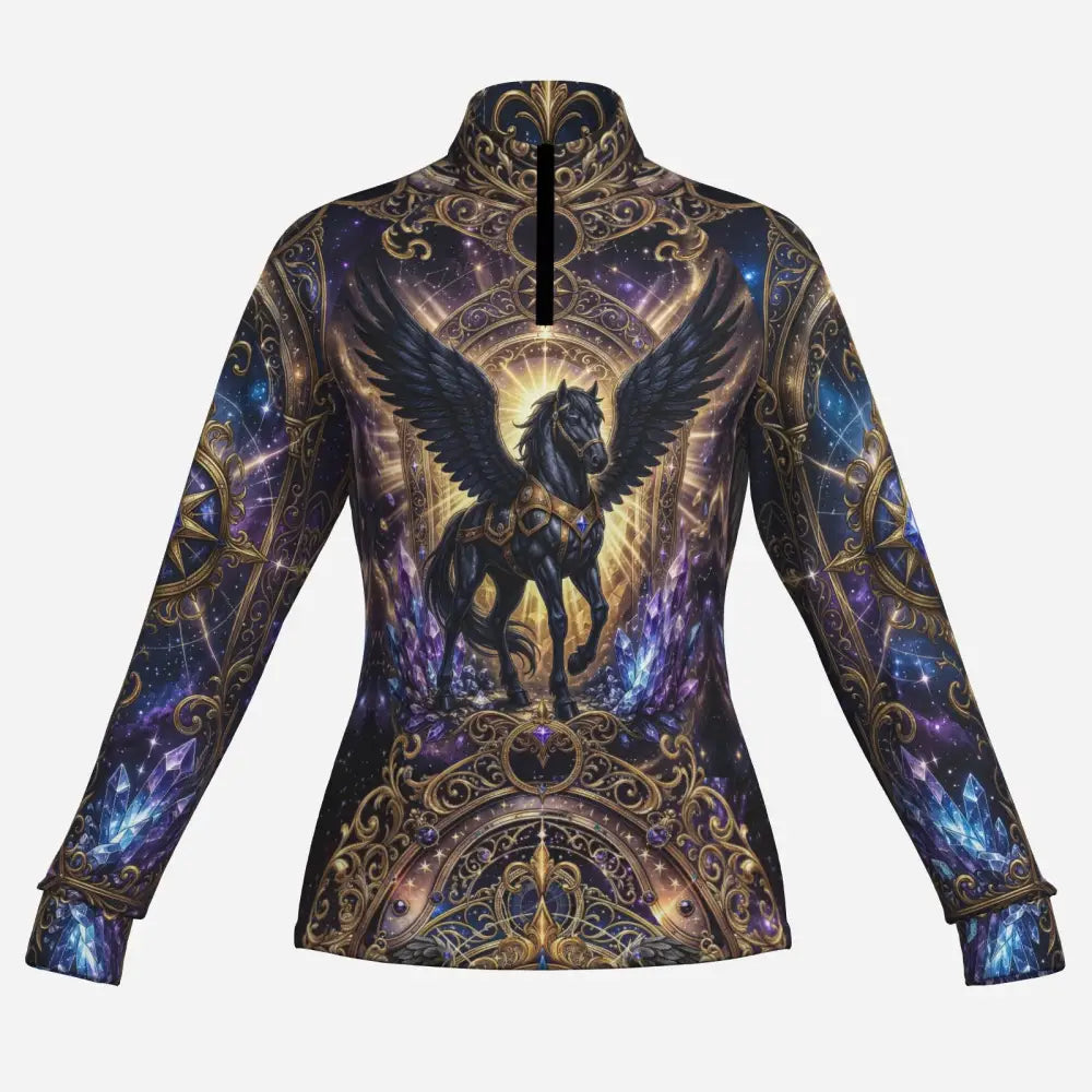 Astral ascension performance equestrian sun shirt featuring a black winged horse print with gold filigree and crystals