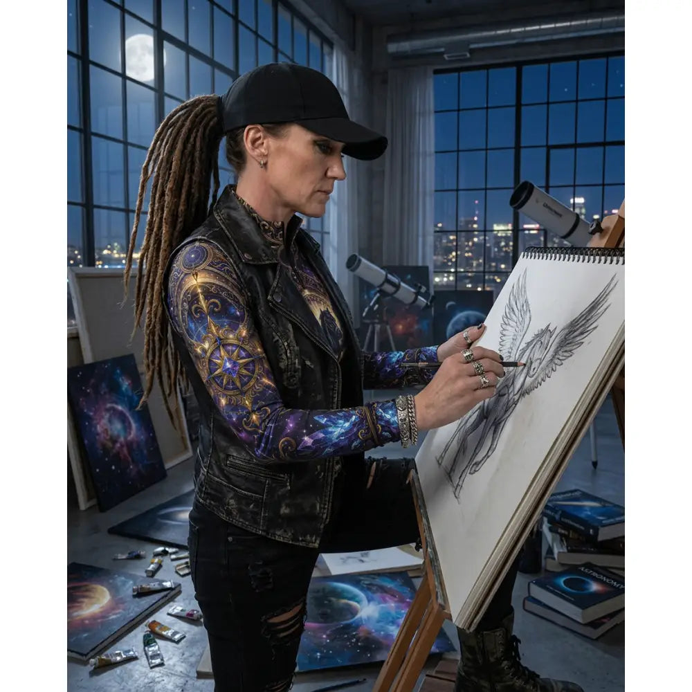 A woman sketches an angel wearing a galaxy-patterned long-sleeve astral ascension equestrian sun shirt