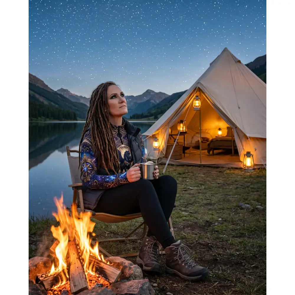 A cream-colored canvas bell tent illuminated by hanging lanterns in an astral ascension equestrian sun shirt setting