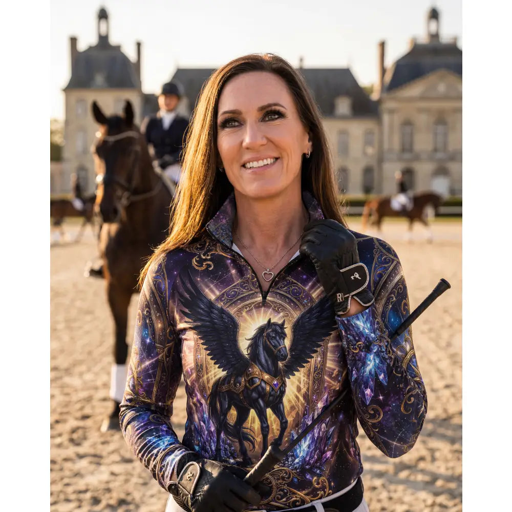 Astral ascension performance equestrian sun shirt with a vibrant black winged horse print on a cosmic purple and gold background