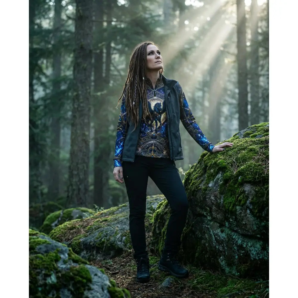 Woman wearing astral ascension performance equestrian sun shirt in blue black with dark gray vest and black boots