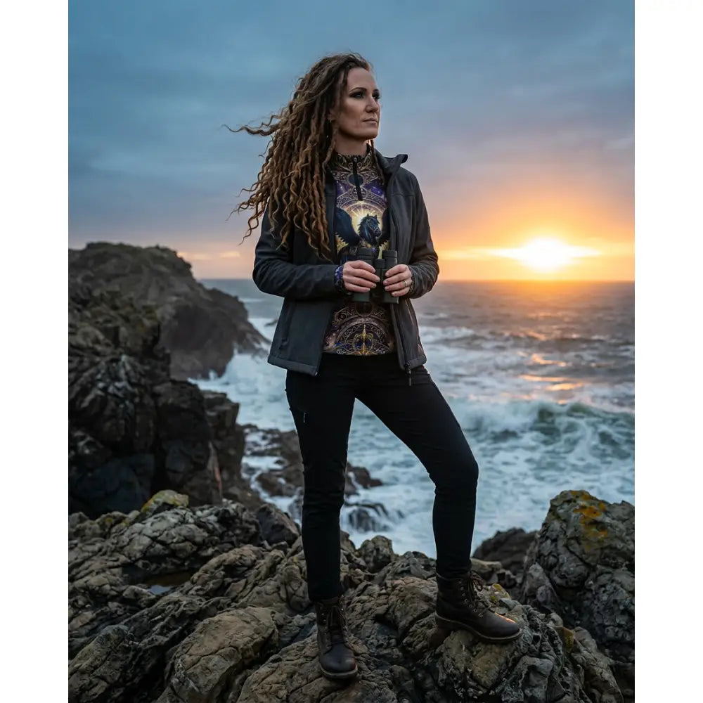Woman with long curly dreadlocks wearing dark gray astral ascension performance equestrian sun shirt near ocean at sunset