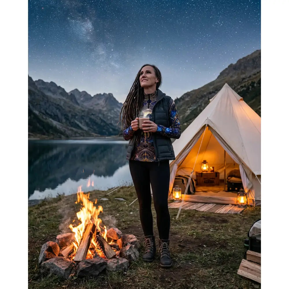 A woman with long dreadlocks wearing a black vest and astral ascension equestrian sun shirt by a campfire holding a mug