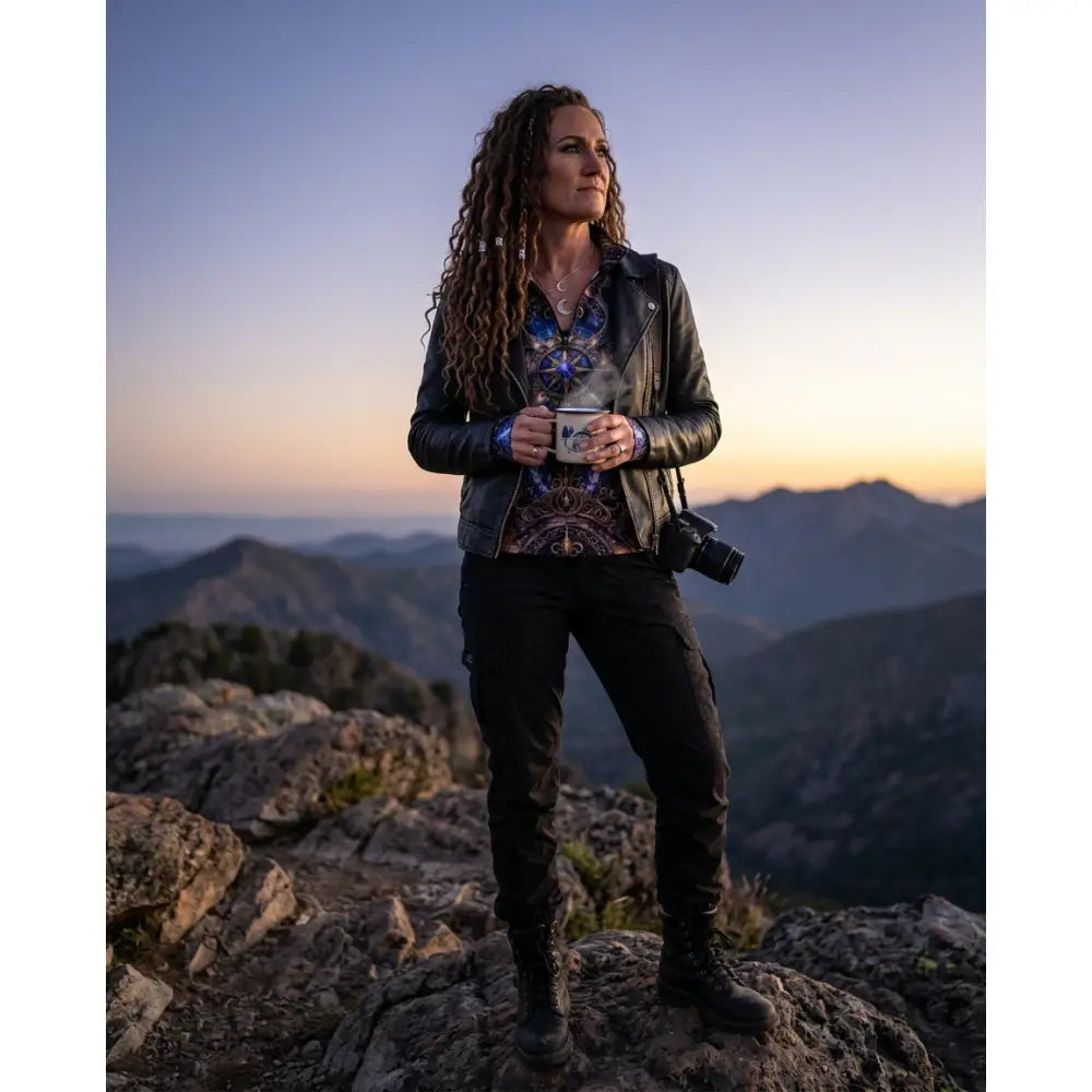Black leather jacket with subtle sheen and embossed silver zodiac symbol for astral ascension equestrian sun shirt