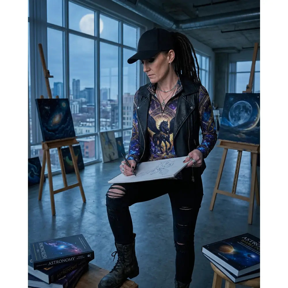 A woman wearing a black leather vest over an astral ascension black galaxy equestrian sun shirt with cosmic winged horse print