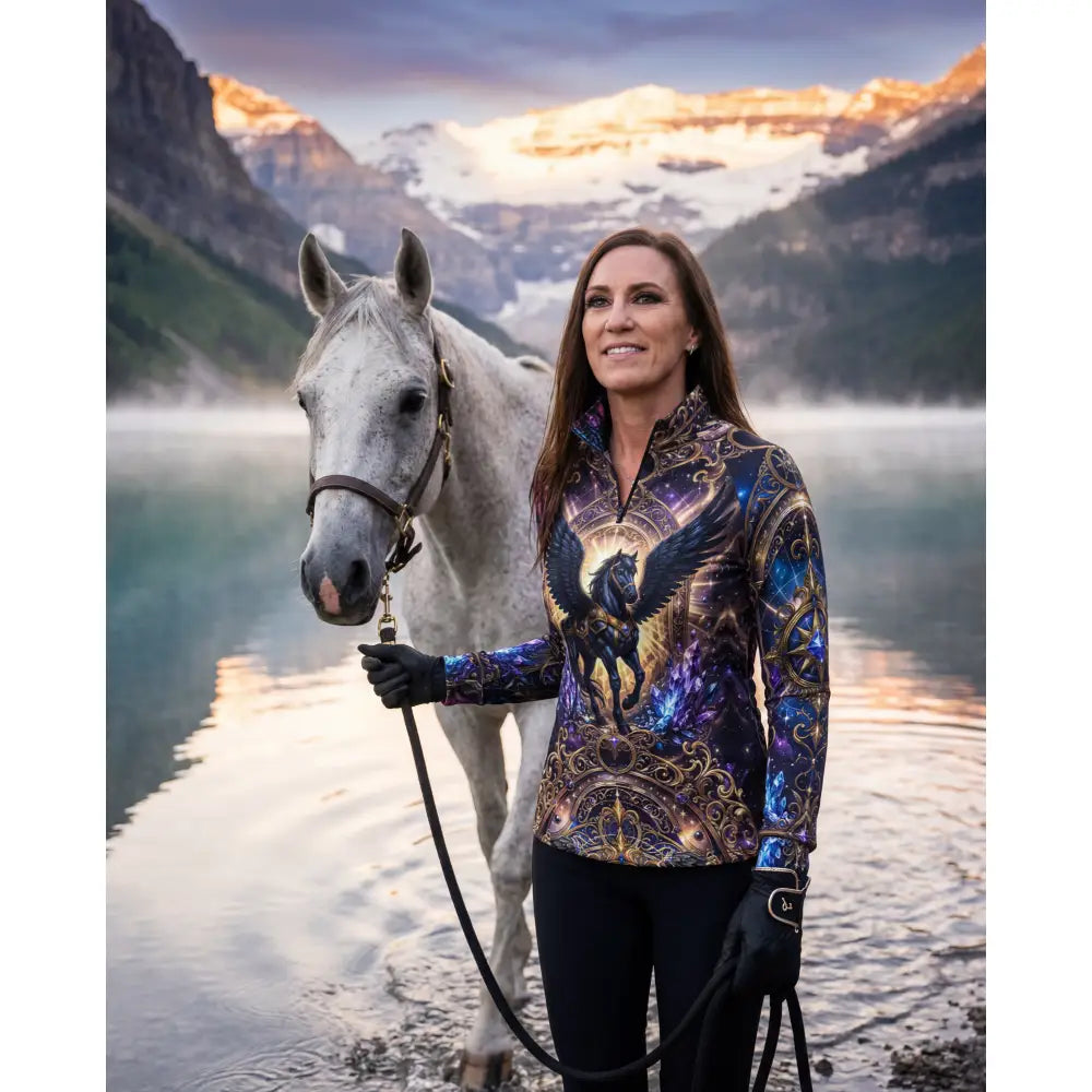 Astral ascension performance equestrian sun shirt with cosmic winged horse design and gold patterns on blue purple gradient