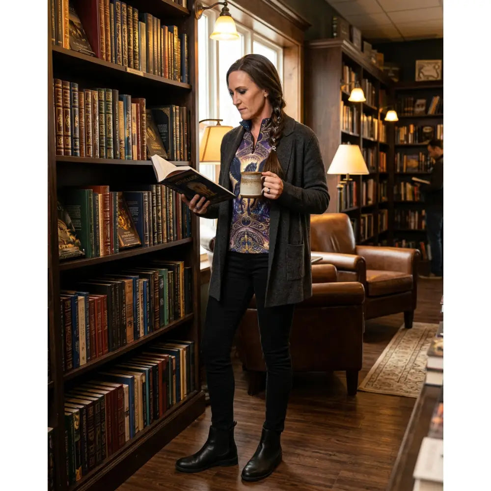 Woman wearing a dark gray cardigan over a patterned astral ascension performance equestrian sun shirt with upf50+ protection