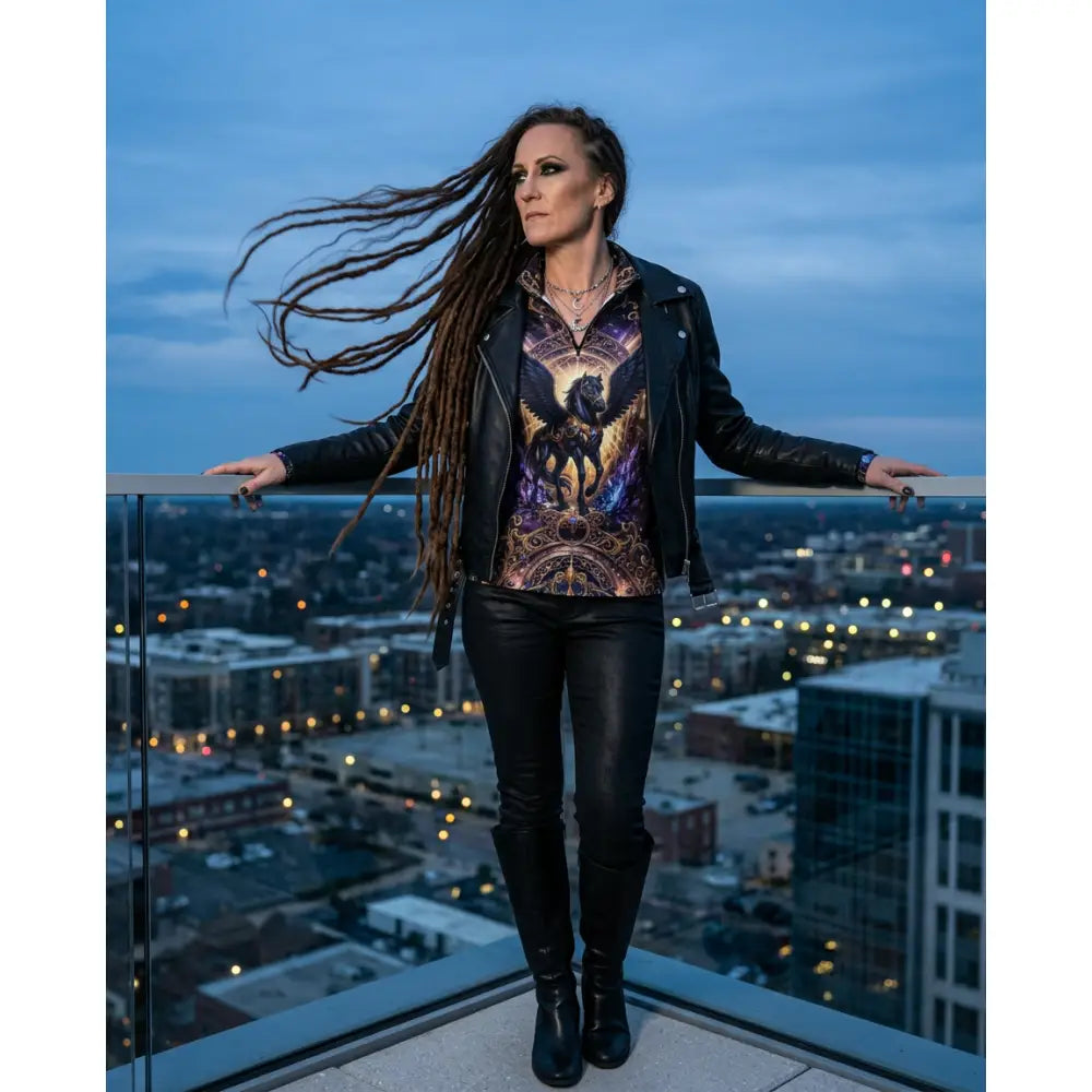 Black leather jacket featuring a detailed astral ascension eagle and horse graphic perfect for equestrian sun shirt style