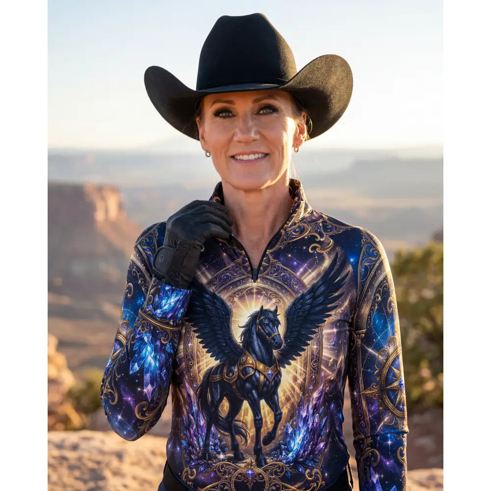 Astral ascension performance equestrian sun shirt with cosmic blue galaxy and black winged horse design and gold accents