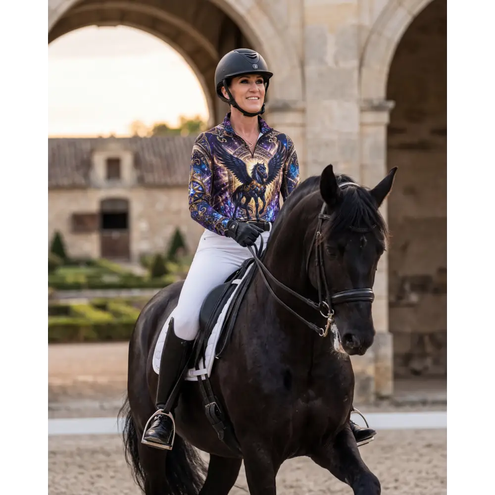 Black horse wearing astral ascension performance equestrian sun shirt upf50 plus with black bridle and saddle