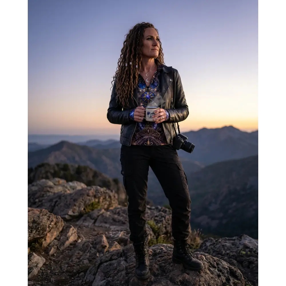 Black leather jacket with subtle sheen and embossed silver zodiac symbol from astral ascension performance equestrian sun shirt upf50+