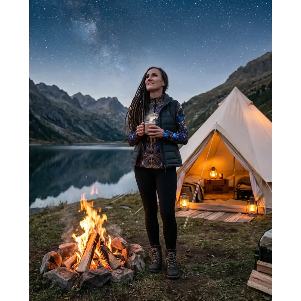 A woman with long dreadlocks stands by a campfire wearing a black quilted vest over an astral ascension performance equestrian sun shirt upf50+