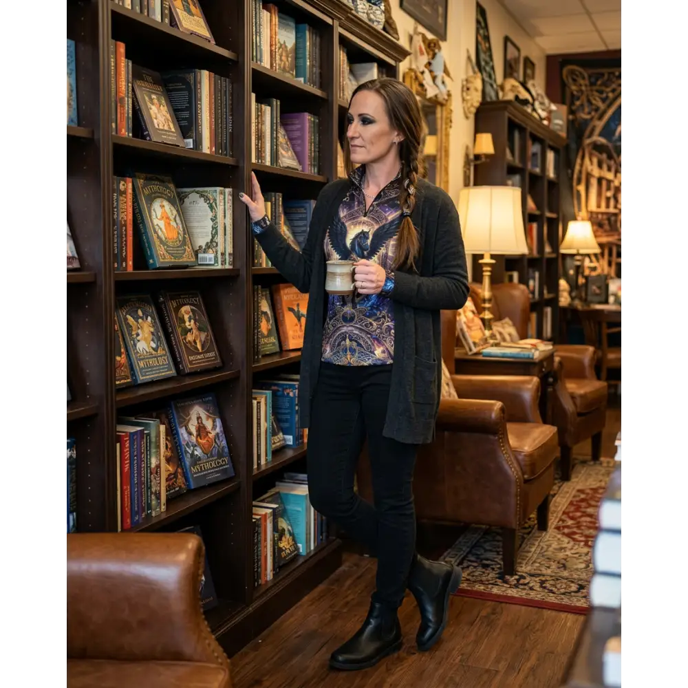 Woman wearing a black Astral Ascension performance equestrian sun shirt UPF50 plus under a cardigan with eagle design