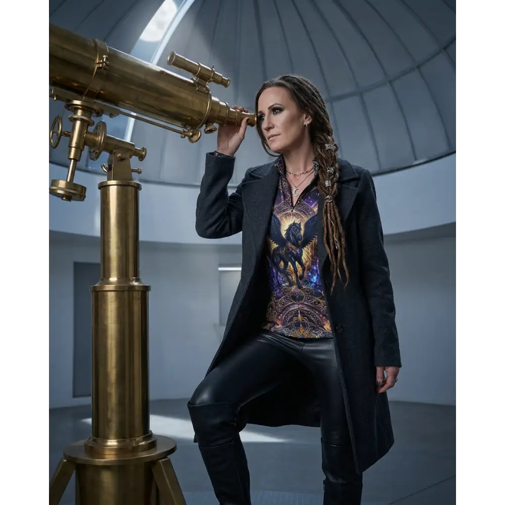 Brass telescope with ornate detailing and adjustable focus knobs pictured with astral ascension performance equestrian sun shirt upf50+