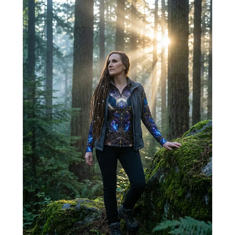 A woman wearing a vibrant astral ascension performance equestrian sun shirt with cosmic mandala designs in blue purple and gold
