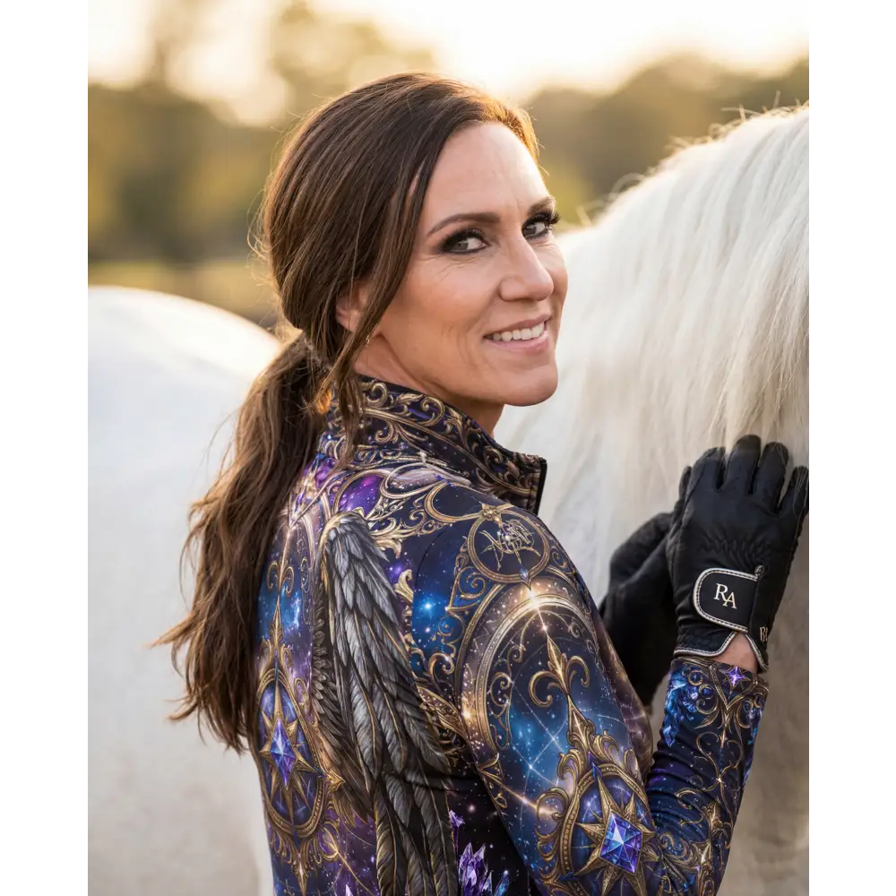 A woman wearing the back of an astral ascension performance equestrian sun shirt with cosmic wing and star design