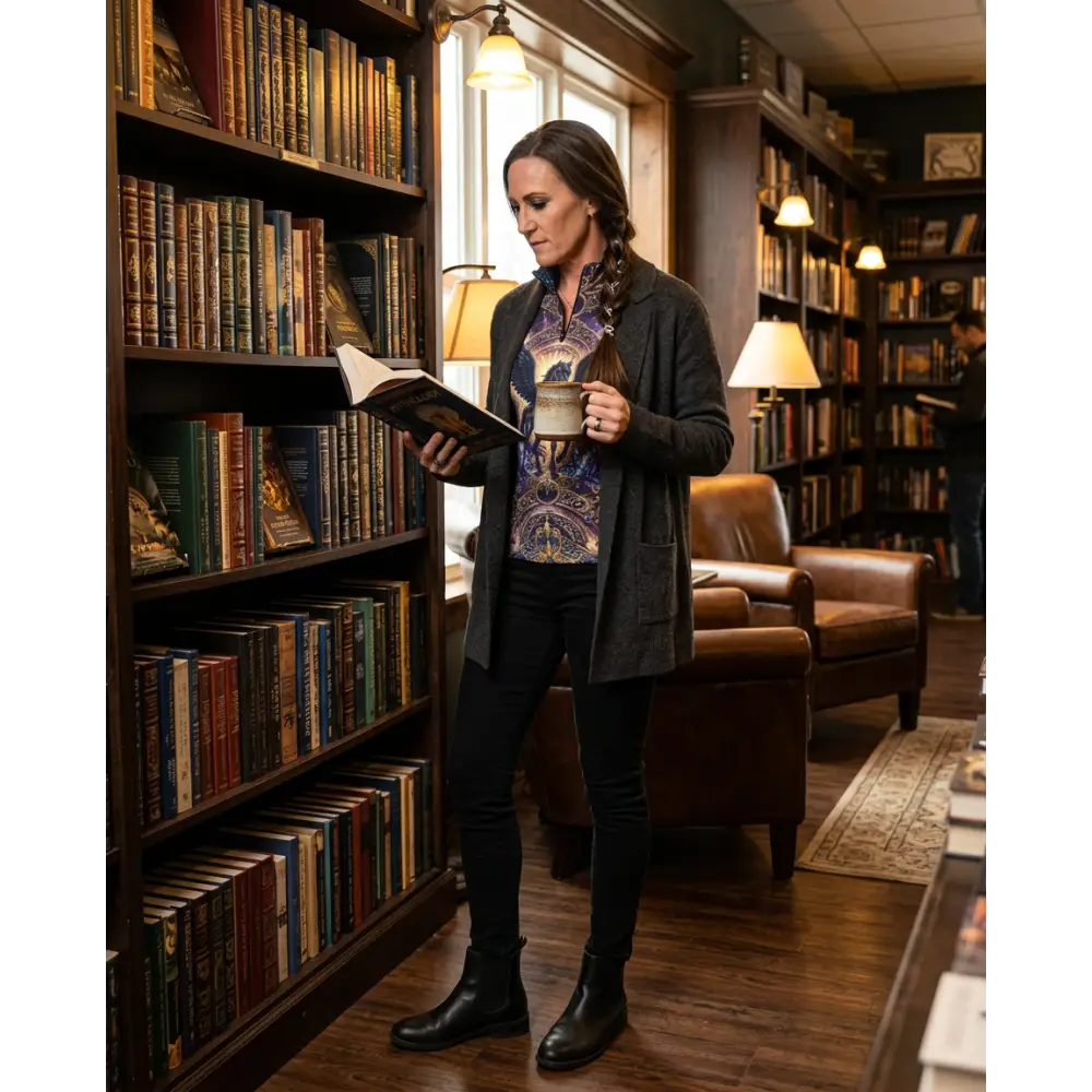 Woman wearing dark gray cardigan over patterned blouse and black pants modeling astral ascension performance equestrian sun shirt upf50+
