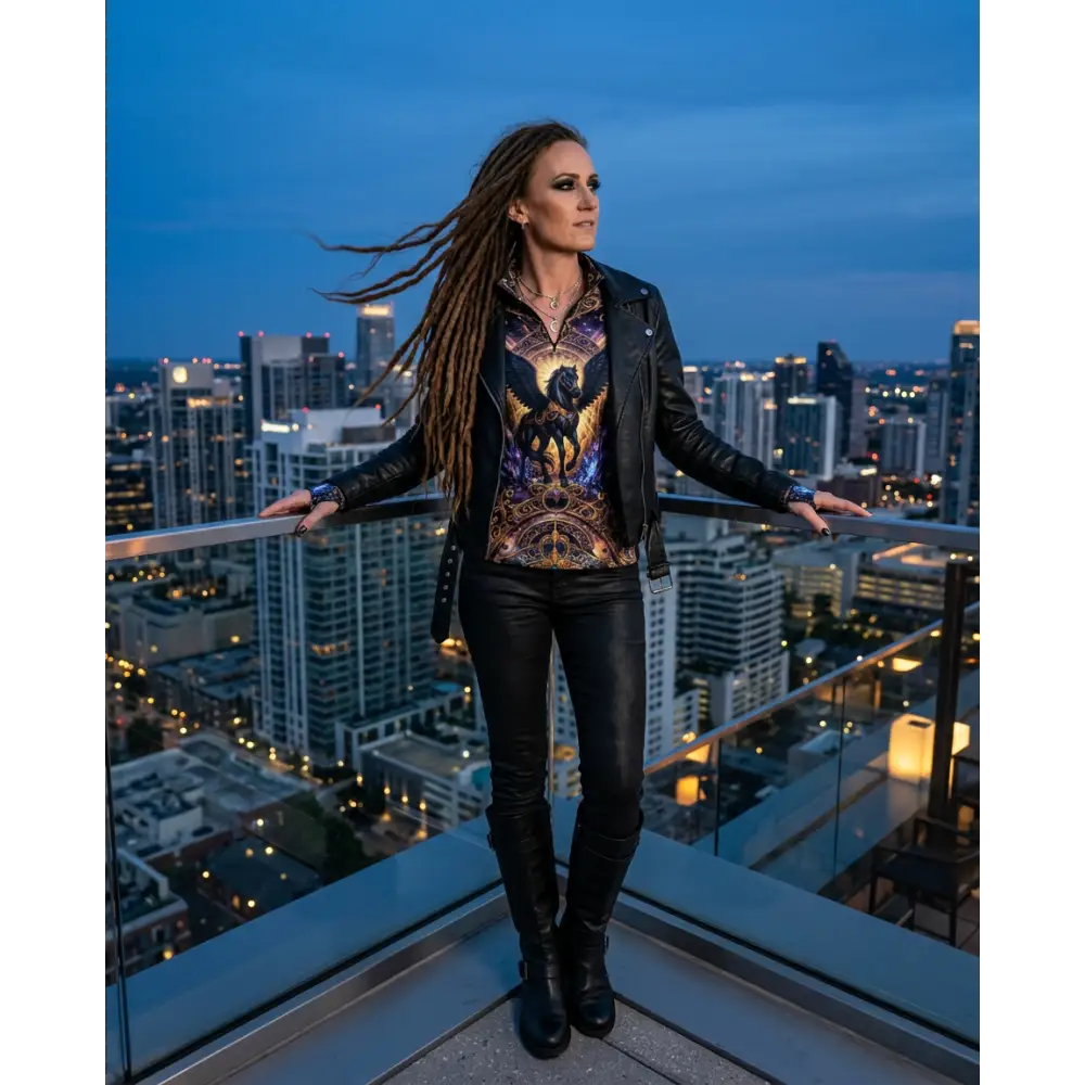 Black leather jacket with a colorful graphic design on the front for astral ascension performance equestrian sun shirt upf50+